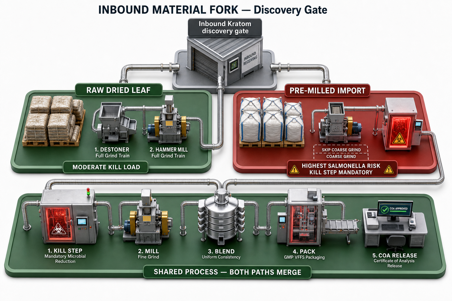 Inbound material fork: raw leaf versus pre-milled import paths merge at kill step