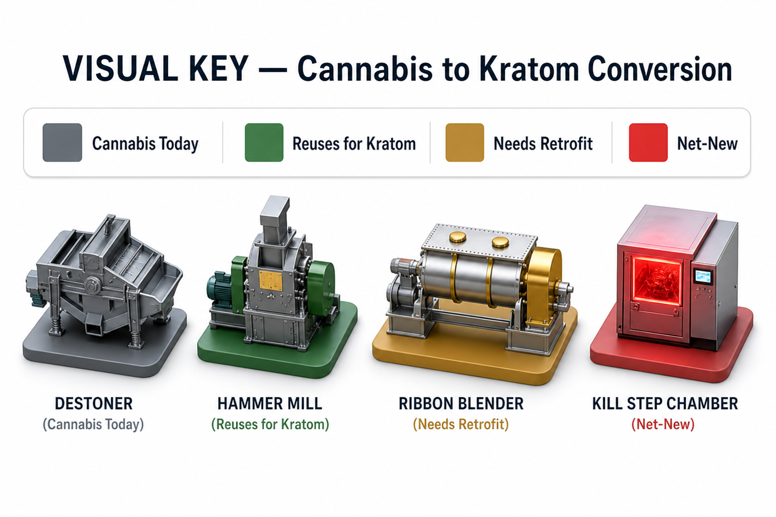 Schematic color key: grey cannabis reuse, green kratom target, gold modifications, red kill step